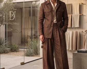 Linen Brown Safari Suit | Vintage Summer Wedding Suit for Groom | Custom Made