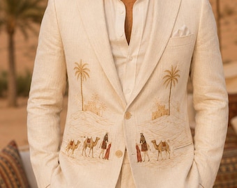 Men's Ivory Linen Suit: Hand-Embroidered Desert Oasis Wedding Blazer Trousers