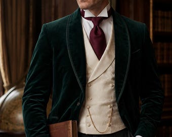 Emerald Green Velvet 3 Piece Suit Men | Groom Wedding Wear | Cream Jacquard Waistcoat
