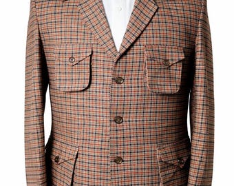 Men’s Brown Tweed Safari Jacket | Checked Wool Blend Blazer | Handmade Vintage Style Tailored Jacket