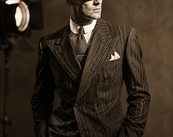 1930s Double Breasted Pinstripe Suit Men Vintage Gangster 2 Piece Wedding Tailored Coat