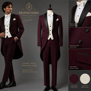 May include: A burgundy tailcoat suit featuring a white waistcoat, white dress shirt, and white bow tie. The jacket has black satin peak lapels and black buttons. The set includes matching trousers and detailed close-ups of the fabric and satin piping.
