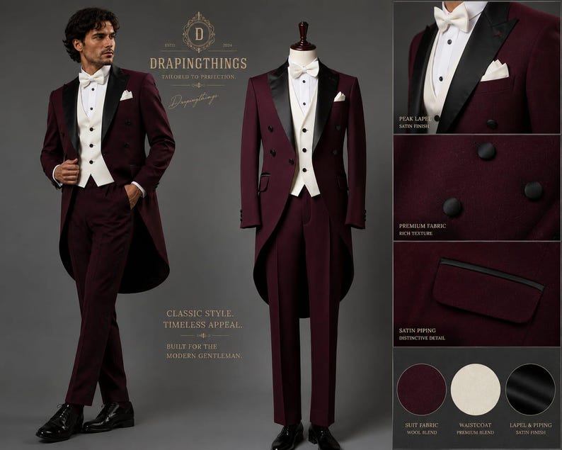 May include: A burgundy tailcoat suit featuring a white waistcoat, white dress shirt, and white bow tie. The jacket has black satin peak lapels and black buttons. The set includes matching trousers and detailed close-ups of the fabric and satin piping.