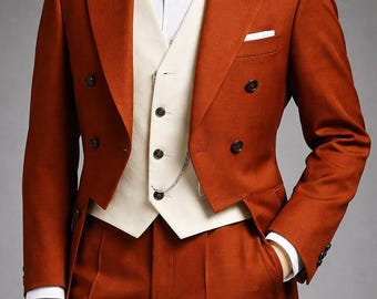 Rust Terracotta Tailcoat Suit | Men Double Breasted Morning Coat | Burnt Orange Wedding Groom