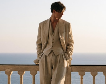 Natural Linen Three Piece Suit Men | Heritage Tailored Waistcoat Pleated Trousers