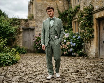 Vintage Sage Green Linen Suit Men | 3 Piece Wedding Tuxedo | Groomsmen Formal wear