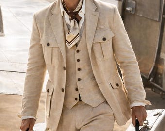 Men Beige Linen Safari Suit | 3 Piece Vintage Summer Wedding Suit for Groom | Custom Made