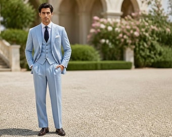 Men’s Light Blue Linen 3-Piece Suit, Custom Wedding Groom Outfit