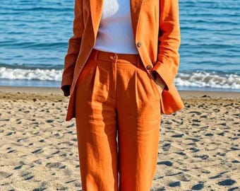 Rust Orange Linen Women’s Suit – Blazer & Trousers Set | Summer Wedding Co-Ord