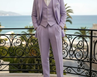 Lilac Purple Linen Three Piece Suit for Men | Tailored Waistcoat Pleated Trousers