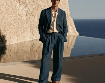 Teal Blue Linen Suit for Men | Double Breasted Blazer Pleated Trousers Summer Wedding