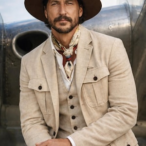 Men Beige Linen Safari Suit | 3 Piece Vintage Summer Wedding Suit for Groom | Custom Made image 3
