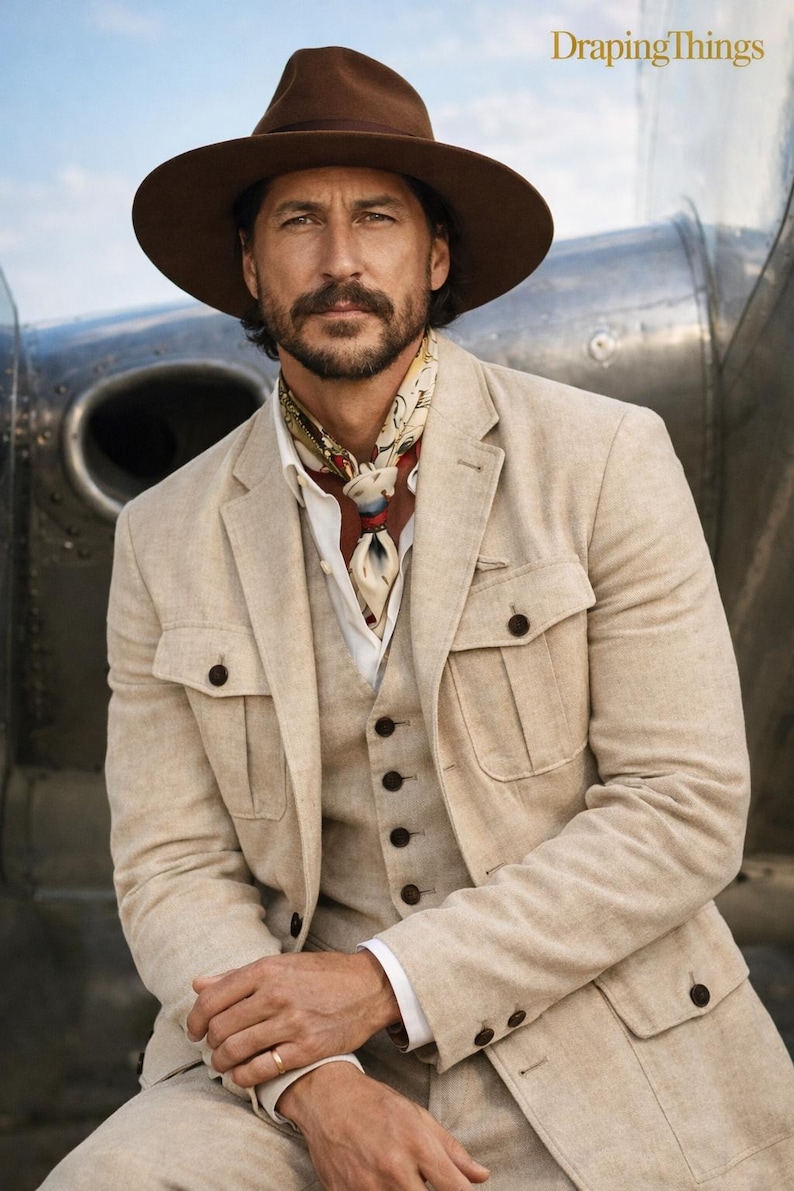 Men Beige Linen Safari Suit | 3 Piece Vintage Summer Wedding Suit for Groom | Custom Made image 3