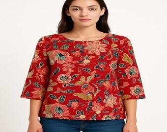 Indian Floral Cotton Top for Women | Red Hand Block Print Summer Dress