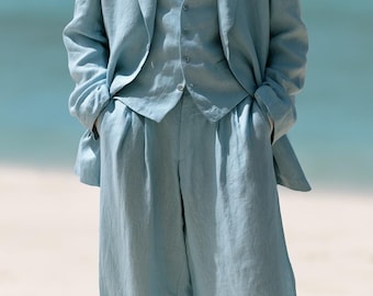 Powder Blue Linen Three Piece Suit Men | Tailored Waistcoat Pleated Trousers
