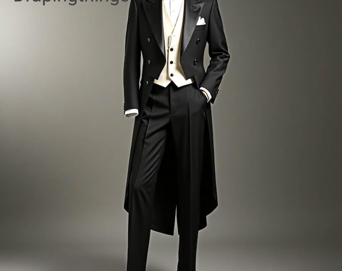 Featured listing image: Men's Black Tailcoat Suit: Formal Tuxedo with White Vest