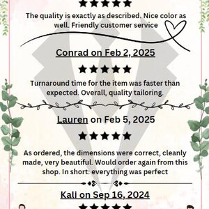 May include: A customer review graphic for Draping Things featuring four testimonials with five-star ratings, dates, and text comments. The design includes a light pink floral background, a central suit silhouette, and two illustrations of men in suits.