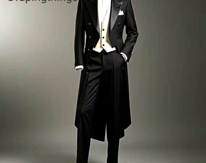 Featured listing image: Men's Black Tailcoat Suit: Formal Tuxedo with White Vest