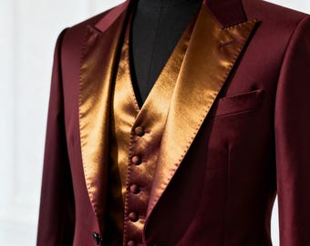 Mahogany Satin Tuxedo Jacket with Gold Vest – Bespoke Wedding & Gala Suit