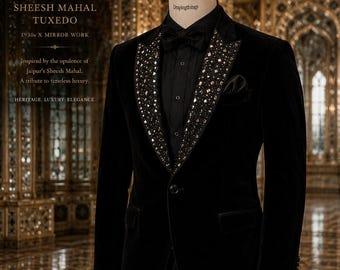 Vintage Gothic Velvet Jacket, Sheesh Mahal Inspired Mirror Work Tuxedo, Men's Wedding, Prom Suit