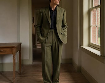 Olive Green Wool Suit Men | 1950s-Inspired Tailored Two Piece Suit | Vintage Menswear