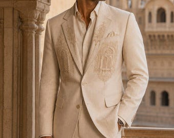 Men's Ivory Linen Blend Jharokha Embroidered Blazer and Trousers Set