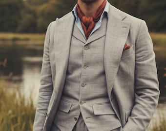 Men’s Grey Linen Three-Piece Suit, Gatsby-Inspired Wide-Leg Trousers