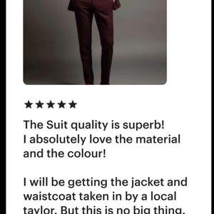 May include: A three-piece suit in a deep burgundy color, consisting of a tailored jacket, a matching waistcoat, and trousers. The ensemble is worn over a crisp white dress shirt with visible cuffs, presenting a structured and formal appearance.