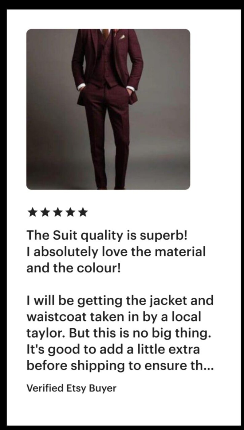 May include: A three-piece suit in a deep burgundy color, consisting of a tailored jacket, a matching waistcoat, and trousers. The ensemble is worn over a crisp white dress shirt with visible cuffs, presenting a structured and formal appearance.
