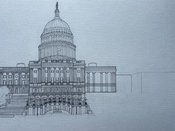 Us Capitol Building Drawing Historic Black & White Photo Washington