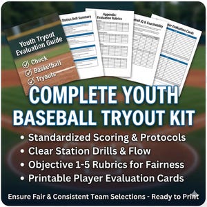 May include: A complete youth baseball tryout kit with a guide, evaluation rubrics, and player evaluation cards. The kit includes standardized scoring, clear drills, and objective 1-5 rubrics. The text on the image says "COMPLETE YOUTH BASEBALL TRYOUT KIT".