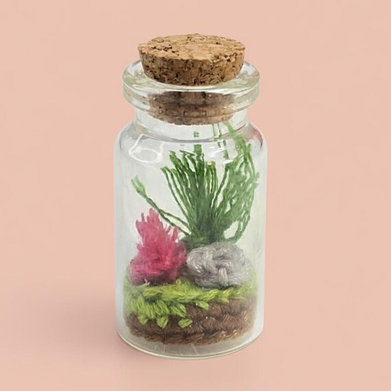 Miniature Crocheted Terrarium, Handmade Acrylic Yarn Plant Ornament, Pink Green Flower Leaf Eco Detail, Tiny Glass Desk Accessory Decoration