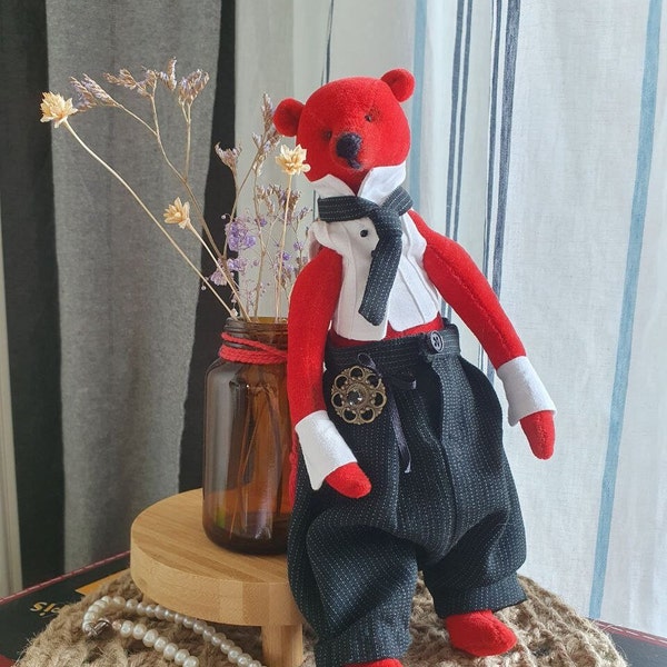 Vintage Red Banker Bear with Handcrafted Details and Tie - Collectible Toy