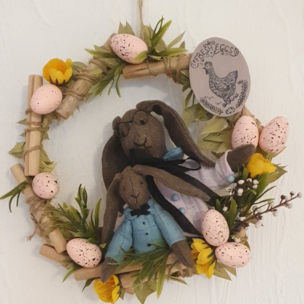 Handmade Easter Wreath with Bunny Mother and Son - Festive Door Decor