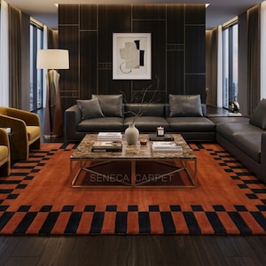 Hand Tufted Wool Rug, Black Rust Area Rugs, Orange Wool Rug, Large rectangle Shape Rug, Handmade Rug, Modern Tufted Rug, Retro Rug