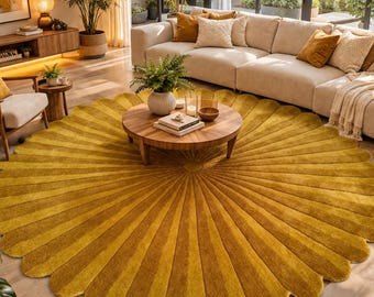 Sunburst Round Rug, Mustard Round Rug, Scalloped Rug, Circle Rug, Handmade Tufted Rug, Living Room Carpet, Tufted Rug, Custom Size Rug