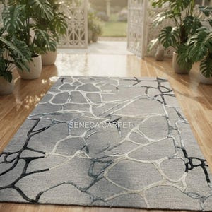 Hand Tufted Area Rug, Wool & Silk Patch Design in Light Blue Gray