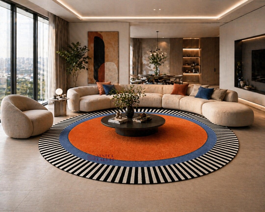 Orange Blue Round Area Rug, Retro 70s Abstract Sun Burst Black Wite ...