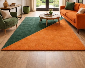 Hand-Tufted Wool Rug | Green & Orange Geometric Design (8x10 Ft)