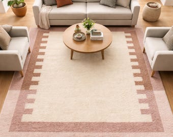 Beige Blush pink rug, Bordered design area rug for Modern house, living room bedroom hallway kitchen nursery any room any size rug