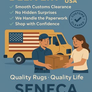 An illustration with text "HASSLE-FREE DELIVERY TO THE USA" and a delivery person handing a package to a woman next to a yellow truck.