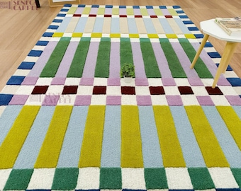 Hand-Tufted Wool Rug – Colorful Geometric  rugs, handmade Checkered High-Low Texture Area rug, living room rug, hallway, modern area rug,