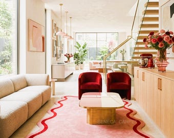 Pink Scalloped Rug, Hand Tufted Wool Design with Wavy Red Border