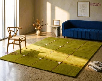 Tufted Olive Green Rug, Checkerboard Design solid rug, Custom Size Area Rug, Modern Geometric Wool Rug for Living Room & Bedroom, Luxury Rug