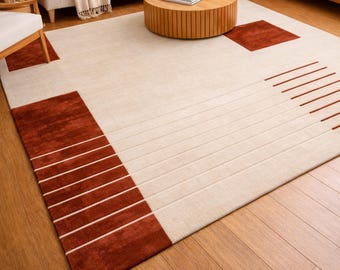 Modern Geometric Tufted Wool Rug, Handmade Cream Terracotta Minimalist Contemporary Carpet for Living Room