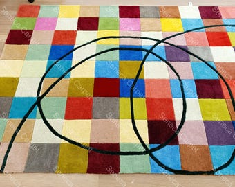 Handmade abstract multicolor wool carpet, patchwork boho rug 7x10Ft, home decor, geometric, vibrant