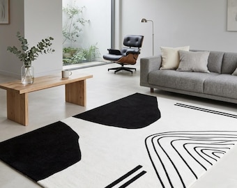 Hand-Tufted Wool Abstract Rug, Black White Geometric Living Room Carpet 8x10 Ft