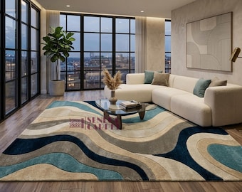 Modern Wave Rug, Abstract Blue Area Rug, Teal Navy Cream Tufted Wool Rug, Organic Geometric Carpet, Contemporary Living Room Decor