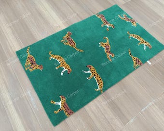 Cheetah Green Hand-Tufted Wool Rug – Perfect for kids&#39; rooms, living spaces, offices, hallways, and dining areas. Available in Custom Size.