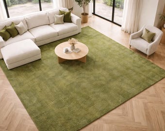 Moss Green Wool Area Rug, Hand Tufted Contemporary Carpet, Living Room Statement Accent